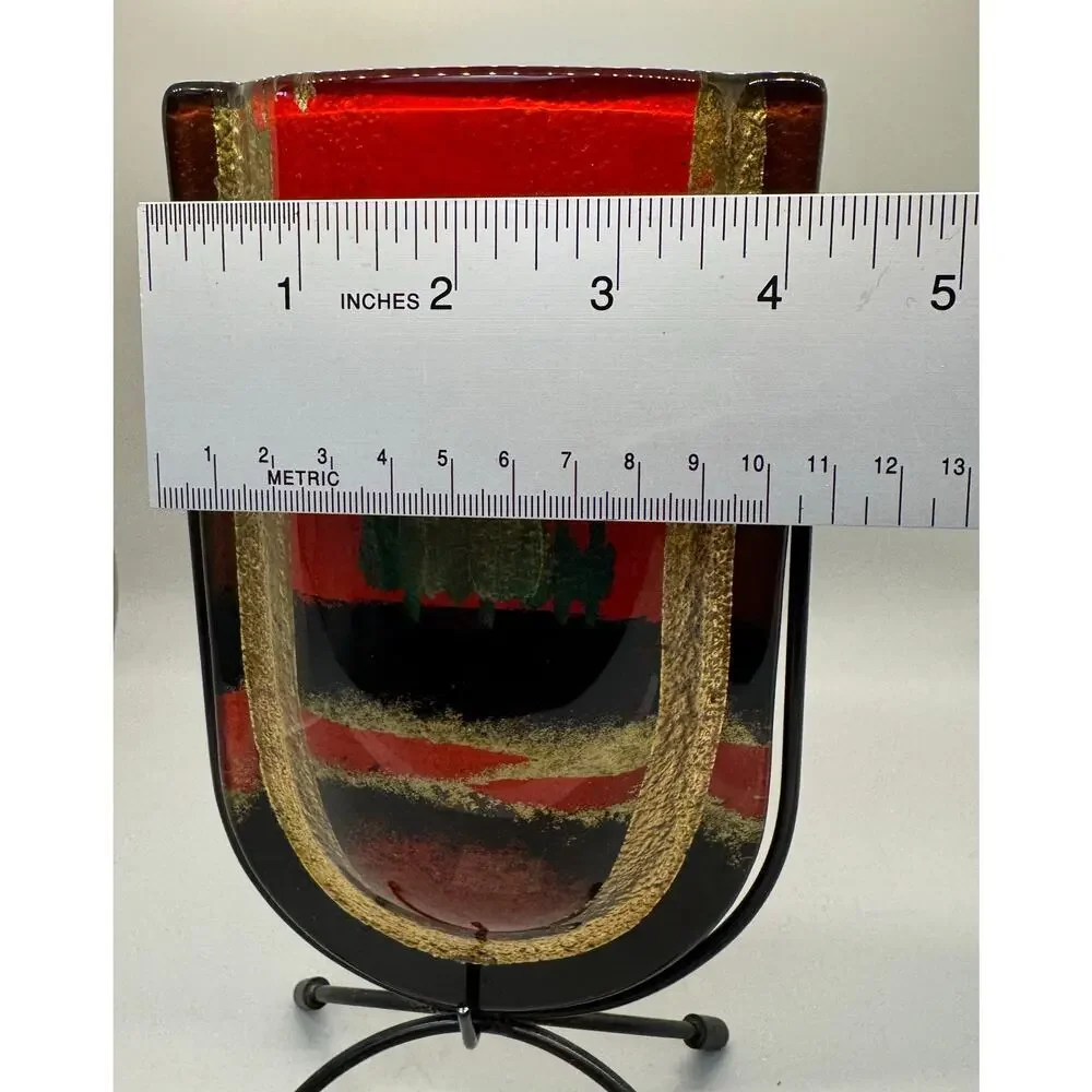 Vintage Jasmine Art Glass Vase in Metal Stand Black Gold Red Green Trees Vibrant